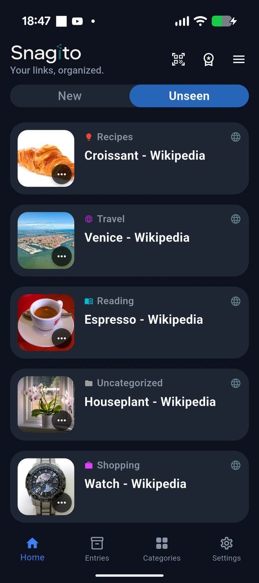 Snagito Android uygulamasının resmi ekran görüntüsü, görülmemiş öğeler görünümü