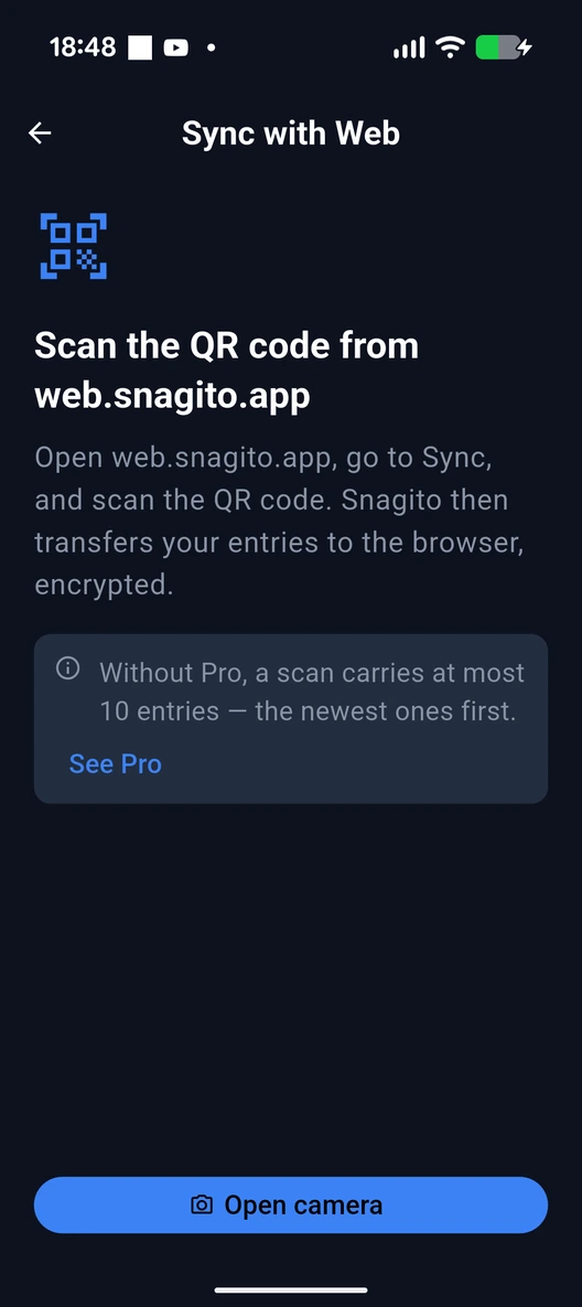 Snagito Android uygulamasının resmi ekran görüntüsü, web aktarım görünümü